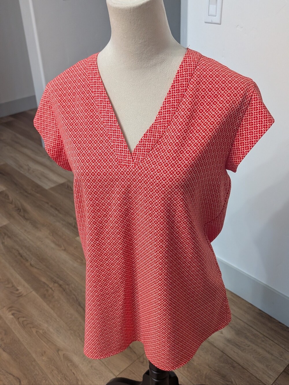 Hilary Radley Coral Red Geometric V-Neck Blouse